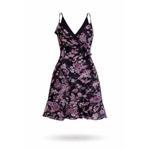 Mi Ami Navy Purple Floral Ruffle Mini Dress Size M NWT Flawed